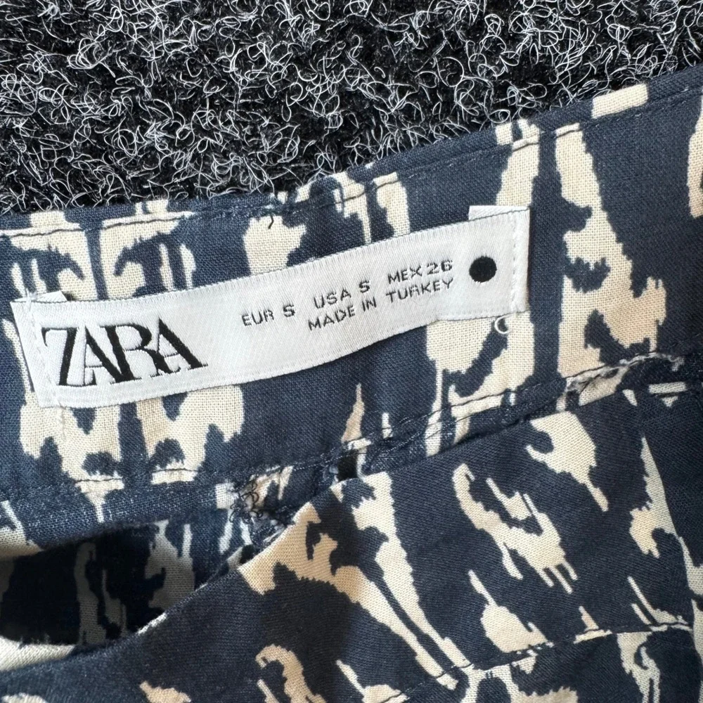 Zara Womens Small Navy Blue Cream Ikat Damask Wide Leg High Waist Linen Pants